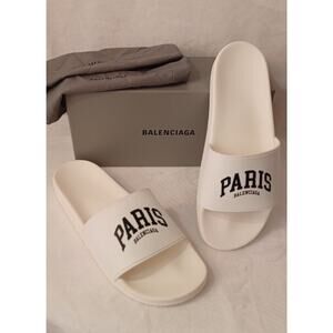$395 Mens Balenciaga "Paris" Pool Slides Sandals White/Black US 14 EU 47 UK 13